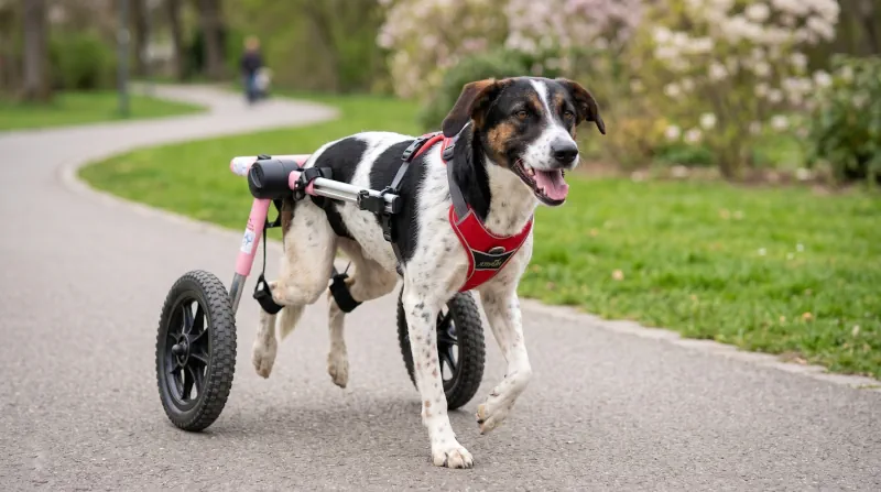 Hund lauft im Rollstuhl
